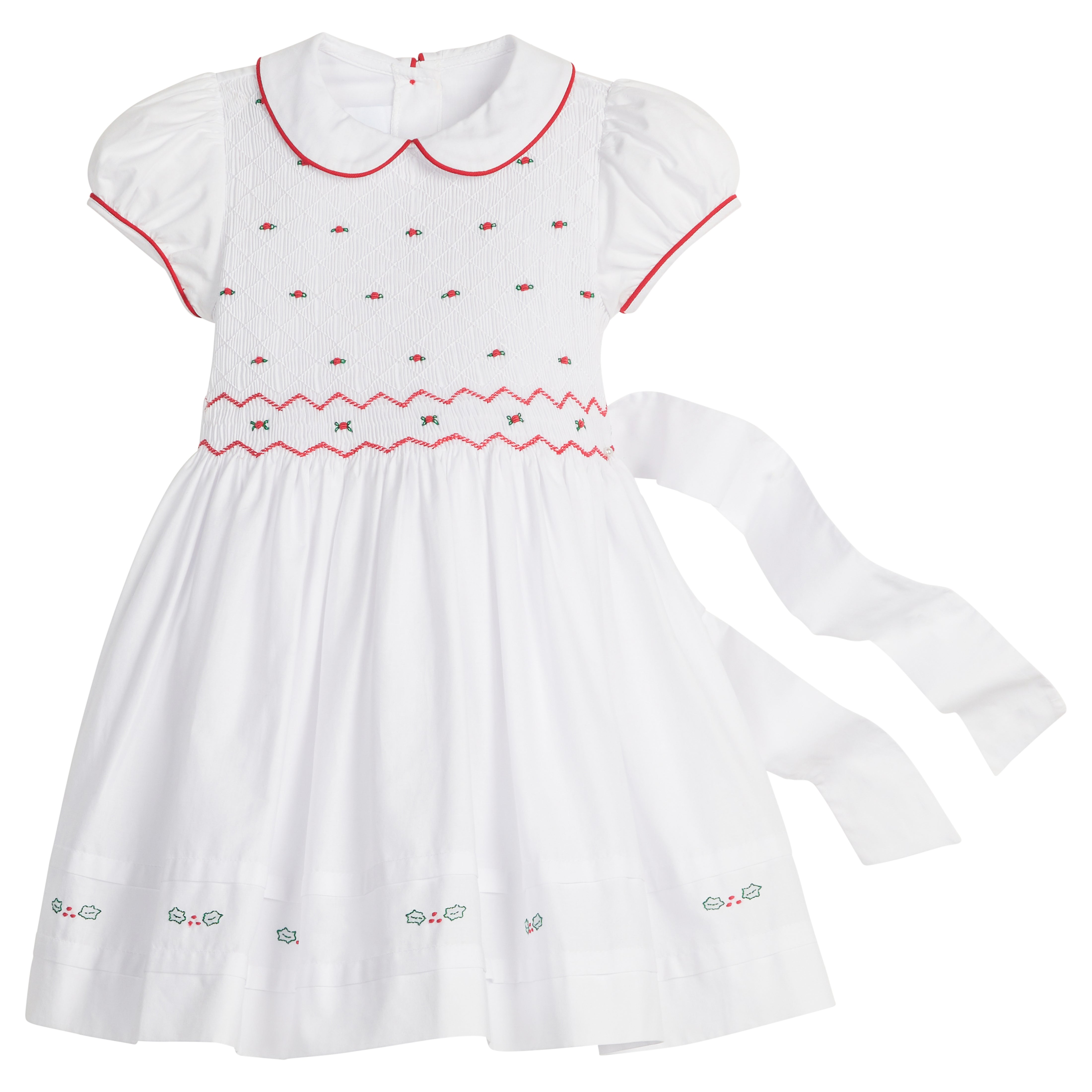 little english classic children's clothing white peter pan collar dress with cap sleeves and smocked detailing with red piping and holly embroidery for girls holiday 