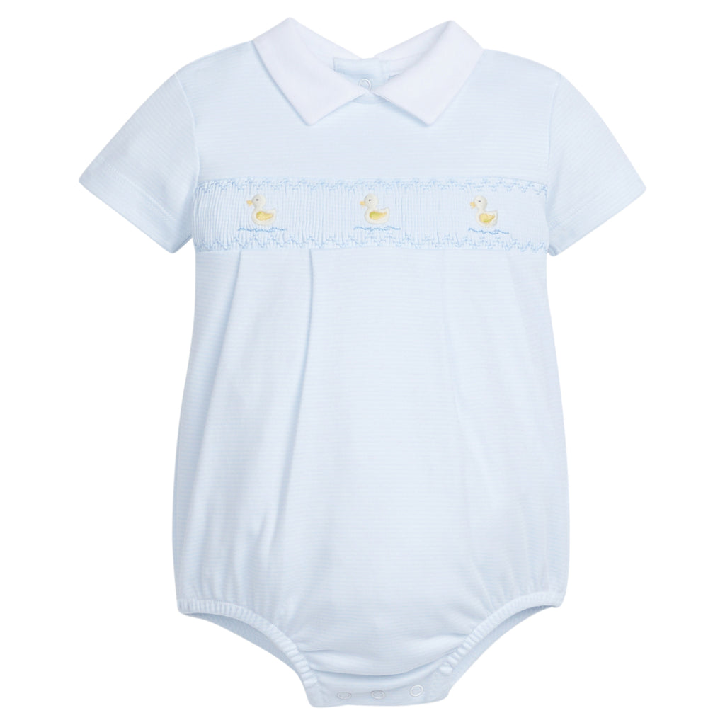 Little English traditional children's clothing.  White and blue striped peter pan bubble with duck embroidery  for baby boys for spring