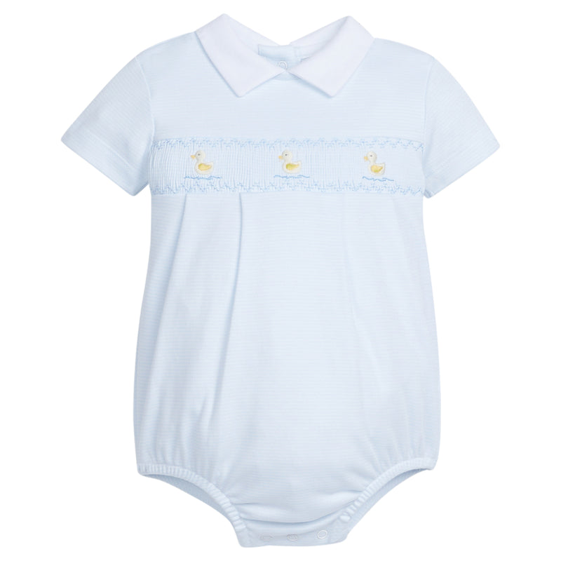 Little English traditional children's clothing.  White and blue striped peter pan bubble with duck embroidery  for baby boys for spring