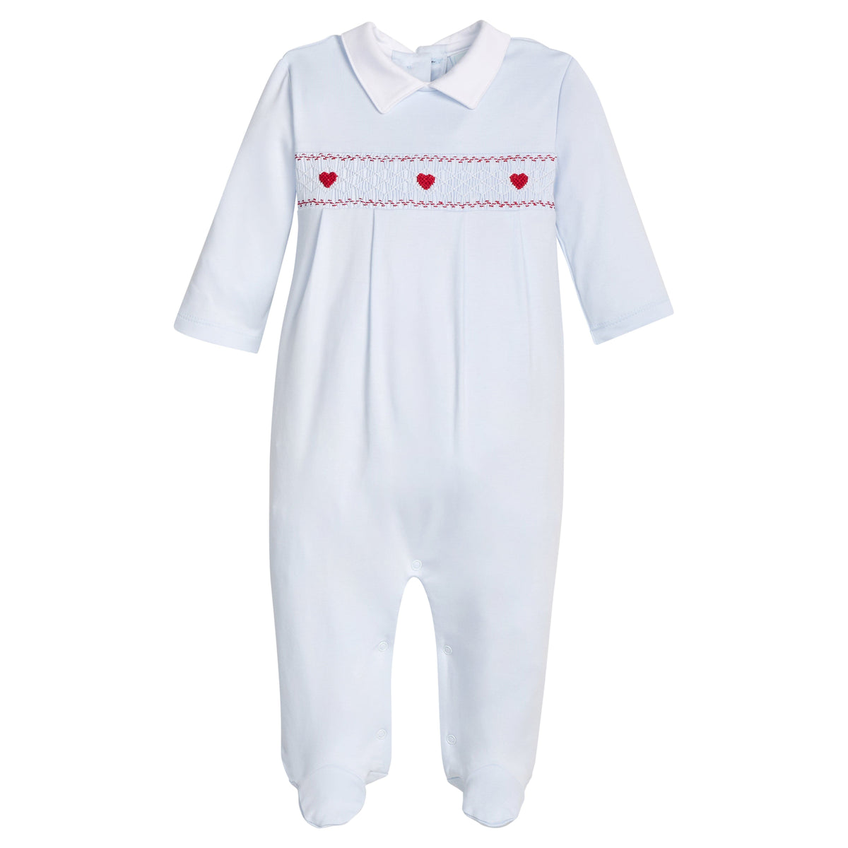 little english classic children's clothing baby boys light blue footie with white collar and smocked chest detailing with red heart embroidery for valentines 