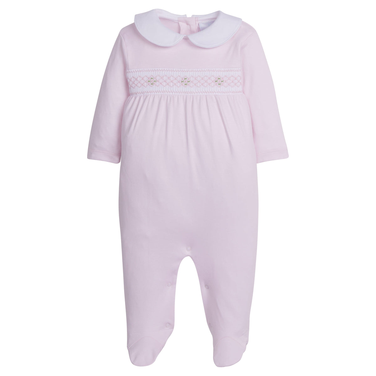 little english baby girl smocked footie with pink geo design and white peter pan collar