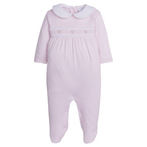 little english baby girl smocked footie with pink geo design and white peter pan collar
