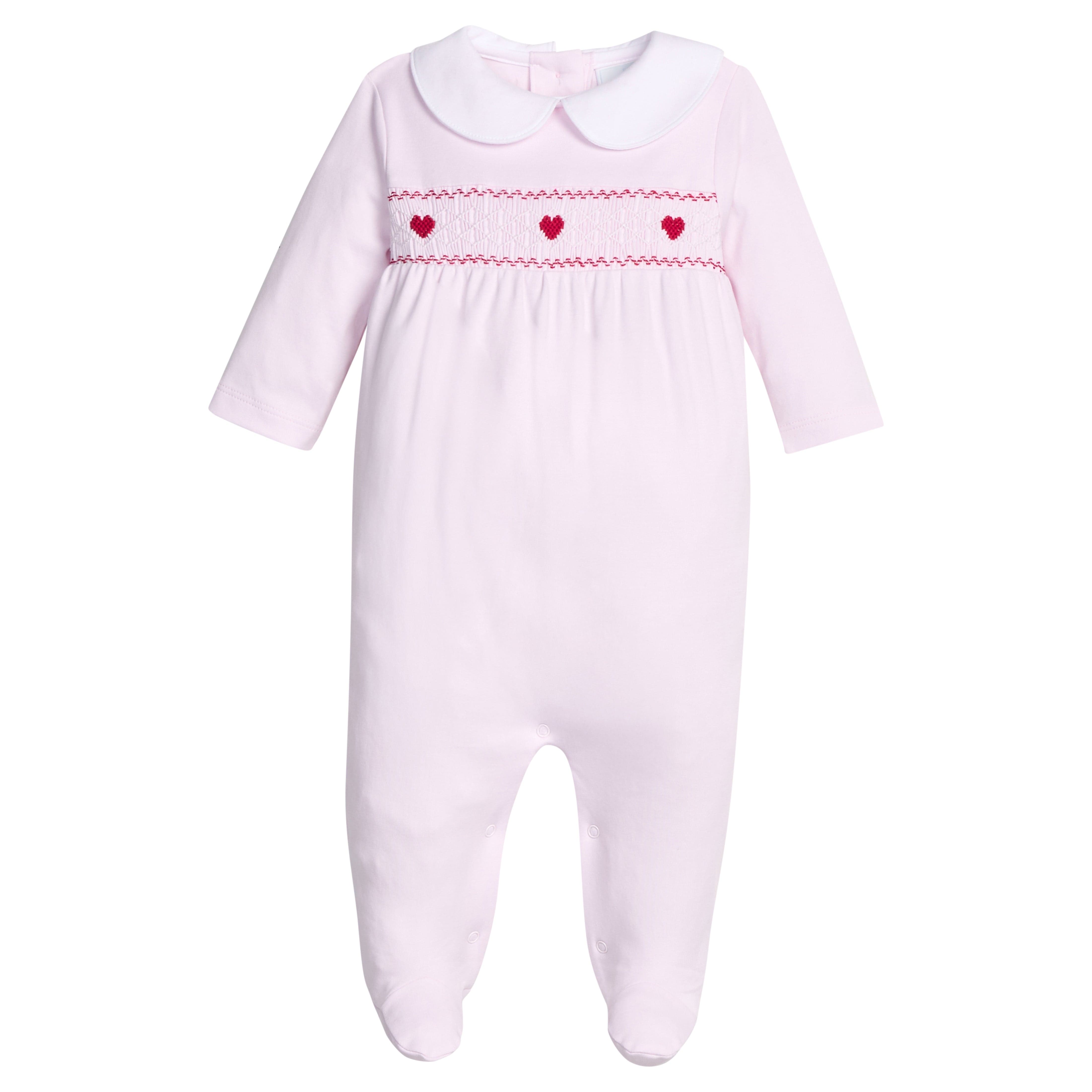 little english classic children's clothing baby girls light pink footie with smocked chest with red heart embroidery 