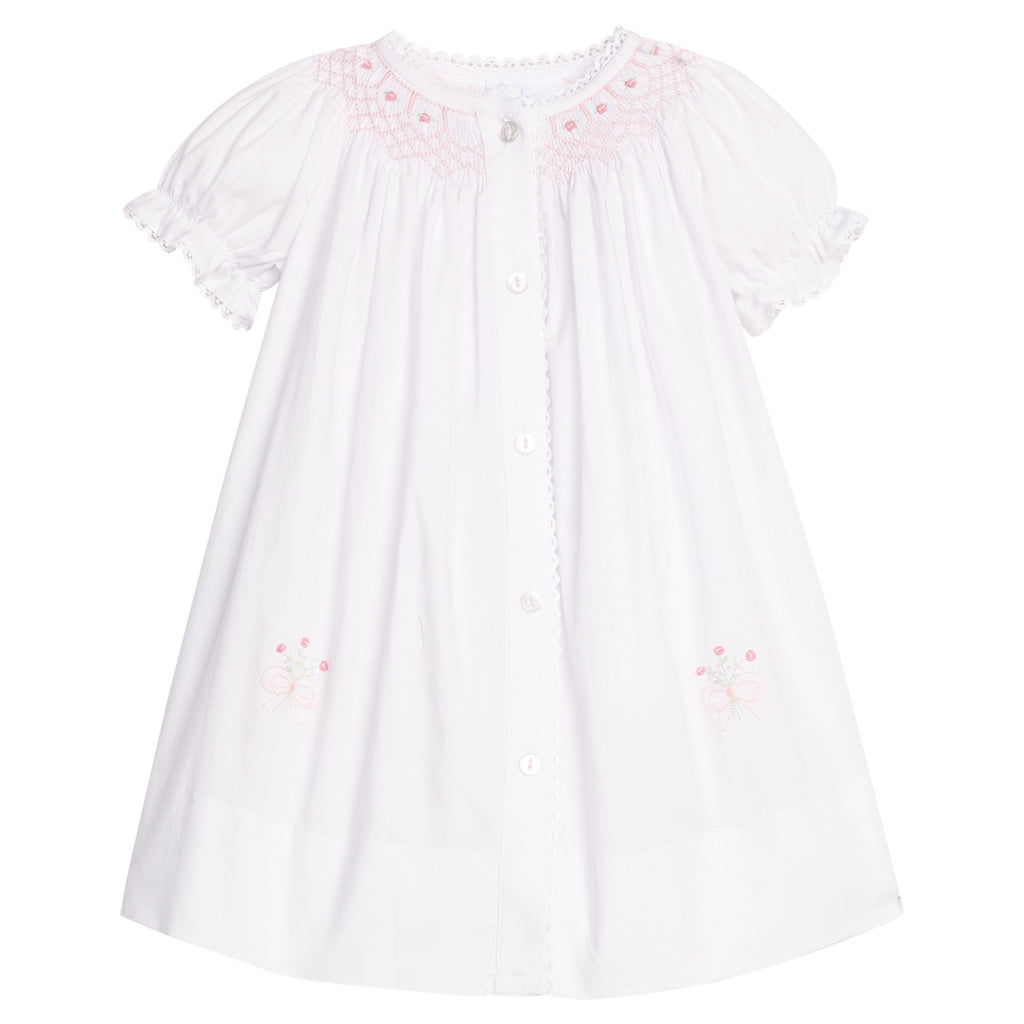Little English classic smocked heirloom gown with pink rose detailing around collar and bottom of dress, buttons down front, for little girl 