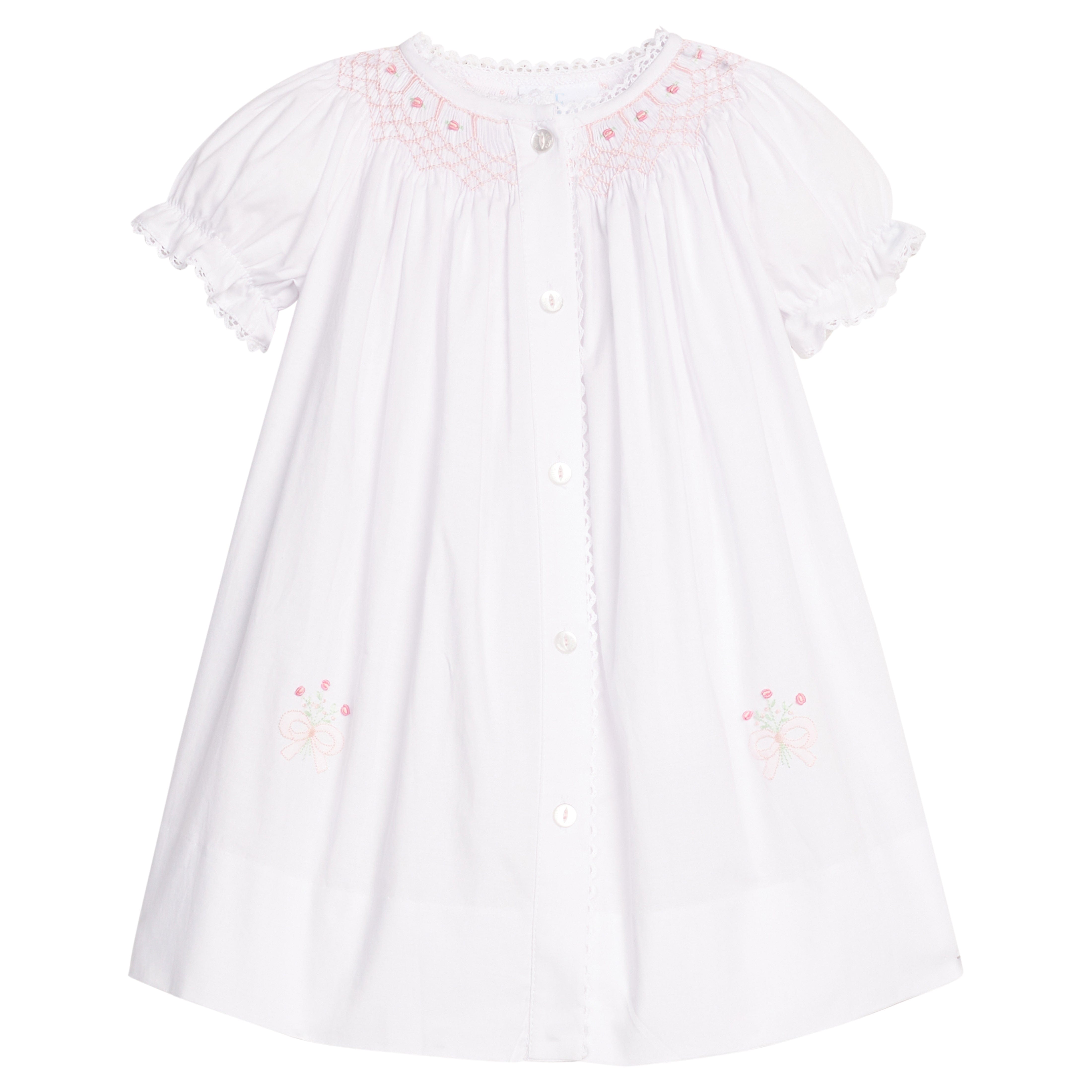 Little English classic smocked heirloom gown with pink rose detailing around collar and bottom of dress, buttons down front, for little girl 