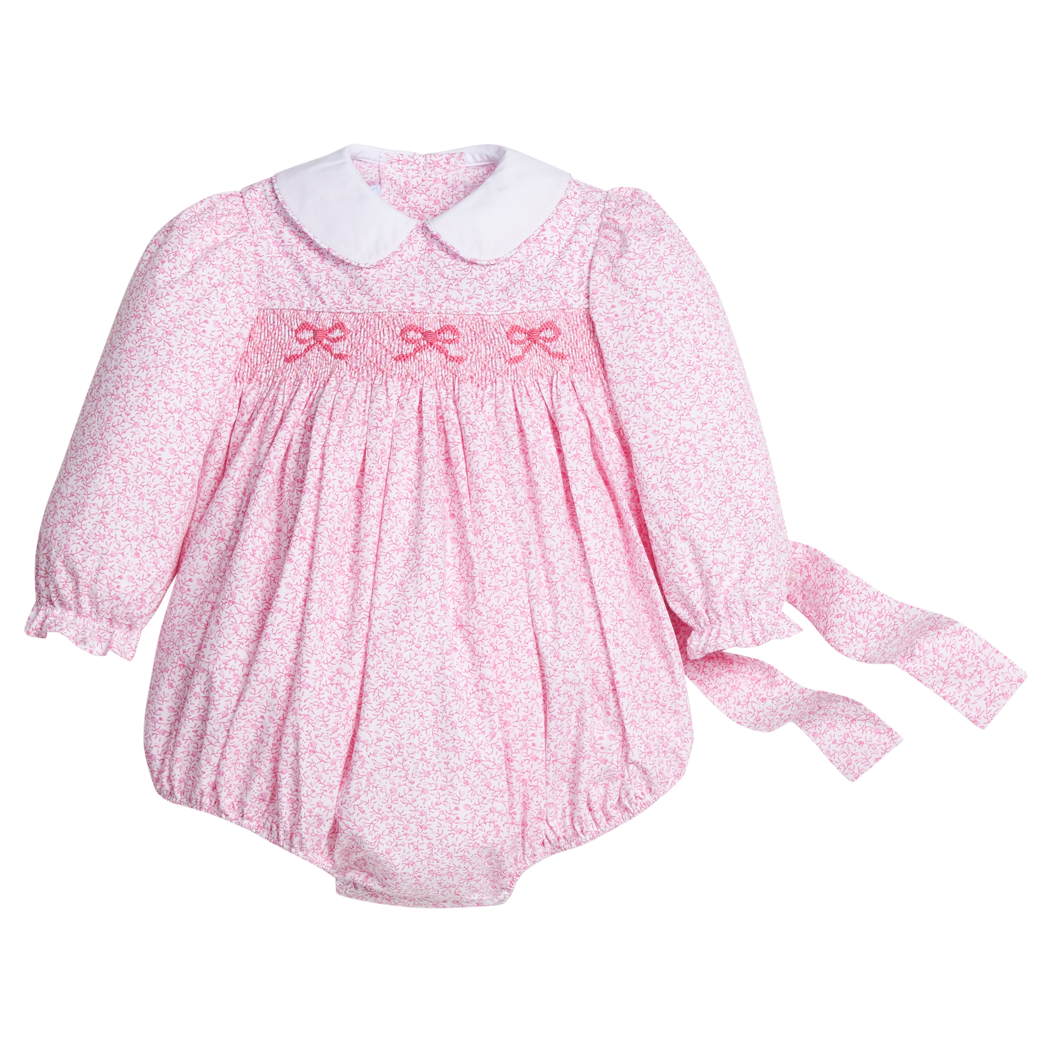 little english classic children's clothing baby girls pink and white floral long sleeve bubble with peter pan collar, chest smocking, and bow embroidery for fall 