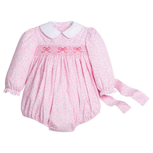 little english classic children's clothing baby girls pink and white floral long sleeve bubble with peter pan collar, chest smocking, and bow embroidery for fall 