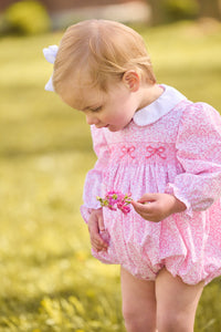 little english classic children's clothing baby girls pink and white floral long sleeve bubble with peter pan collar, chest smocking, and bow embroidery for fall 