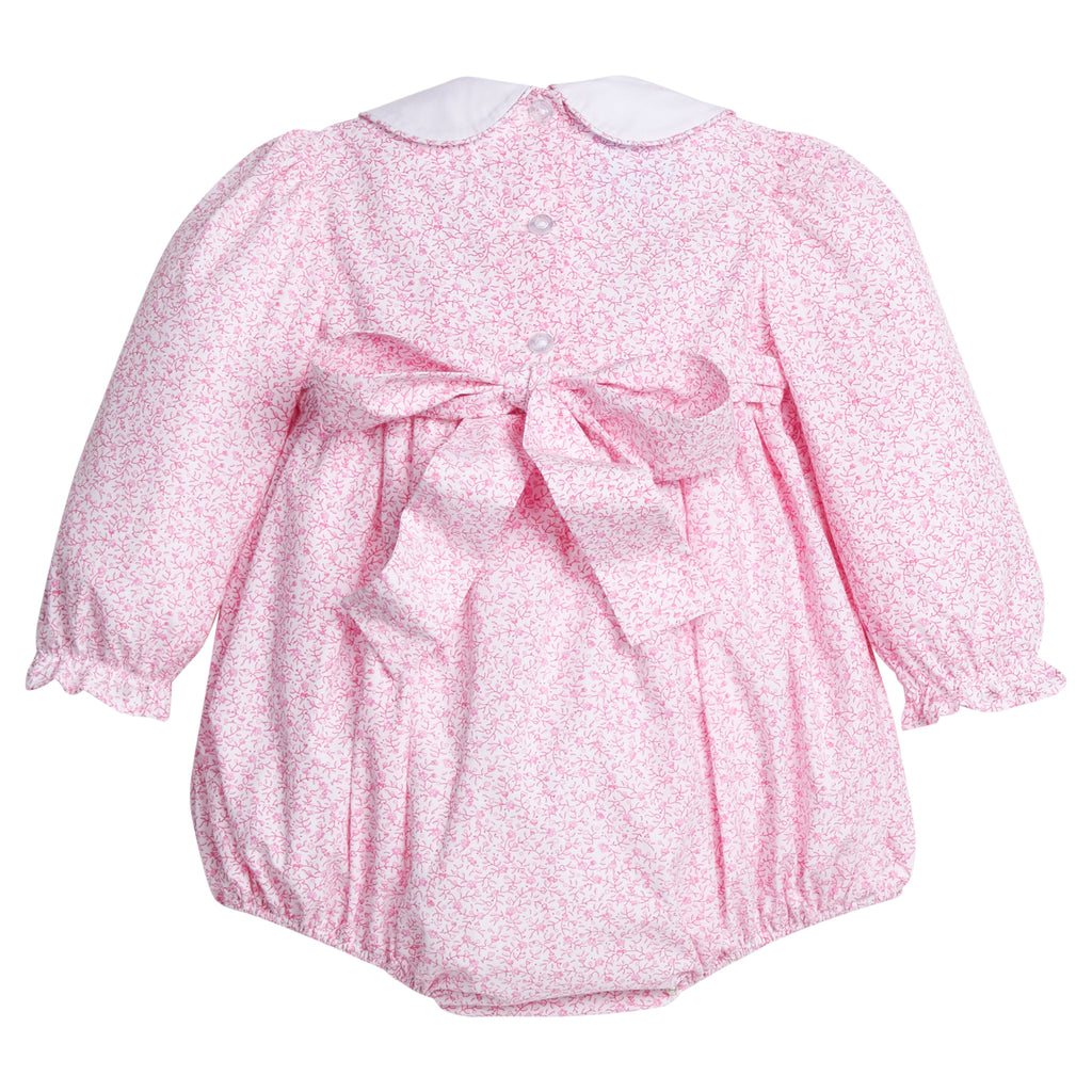 little english classic children's clothing baby girls pink and white floral long sleeve bubble with bow in back for fall 