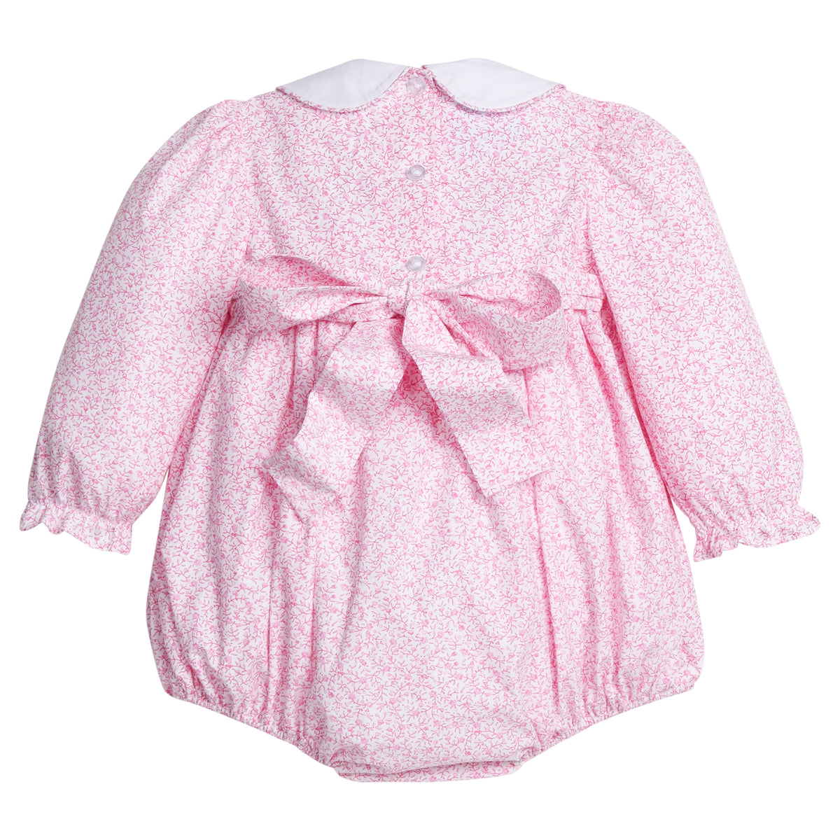 little english classic children's clothing baby girls pink and white floral long sleeve bubble with bow in back for fall 