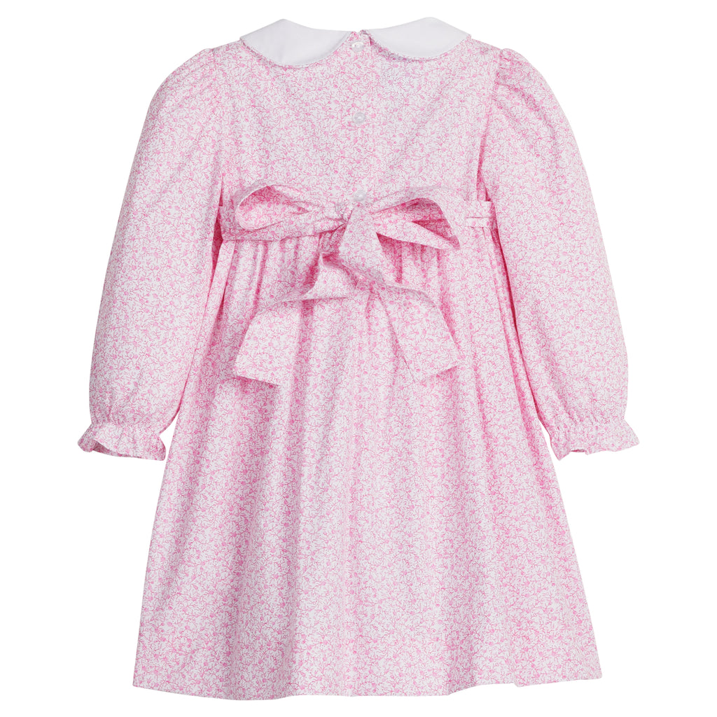 little english classic children's clothing girls pink and white floral long sleeve dress with bow in back for fall 