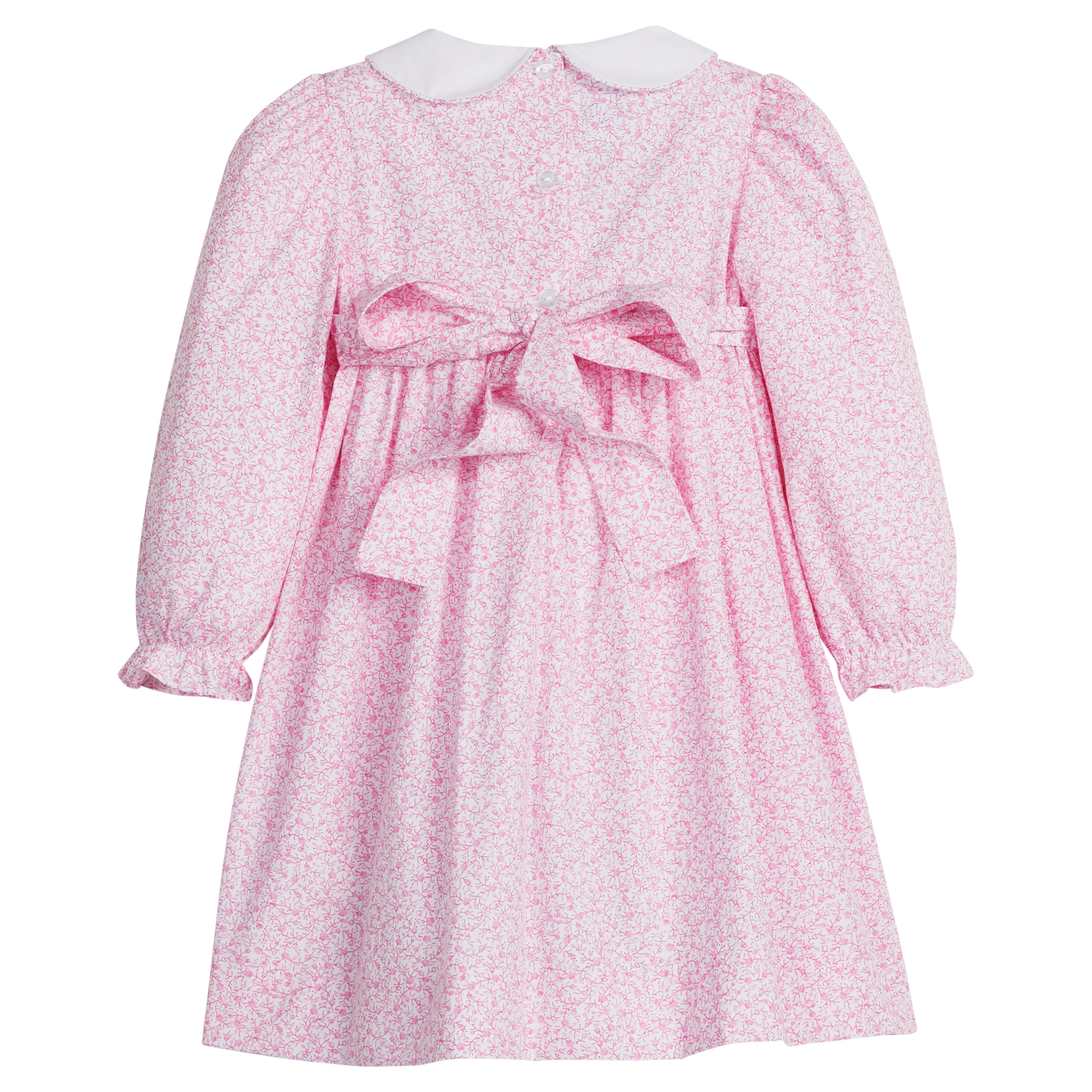 little english classic children's clothing girls pink and white floral long sleeve dress with bow in back for fall 