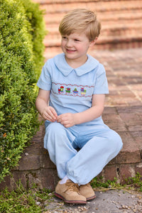 Little English traditional children's clothing. Boys blue corduroy set - banded pants paired with Eaton collar short sleeve top with holiday train smocking across the chest.