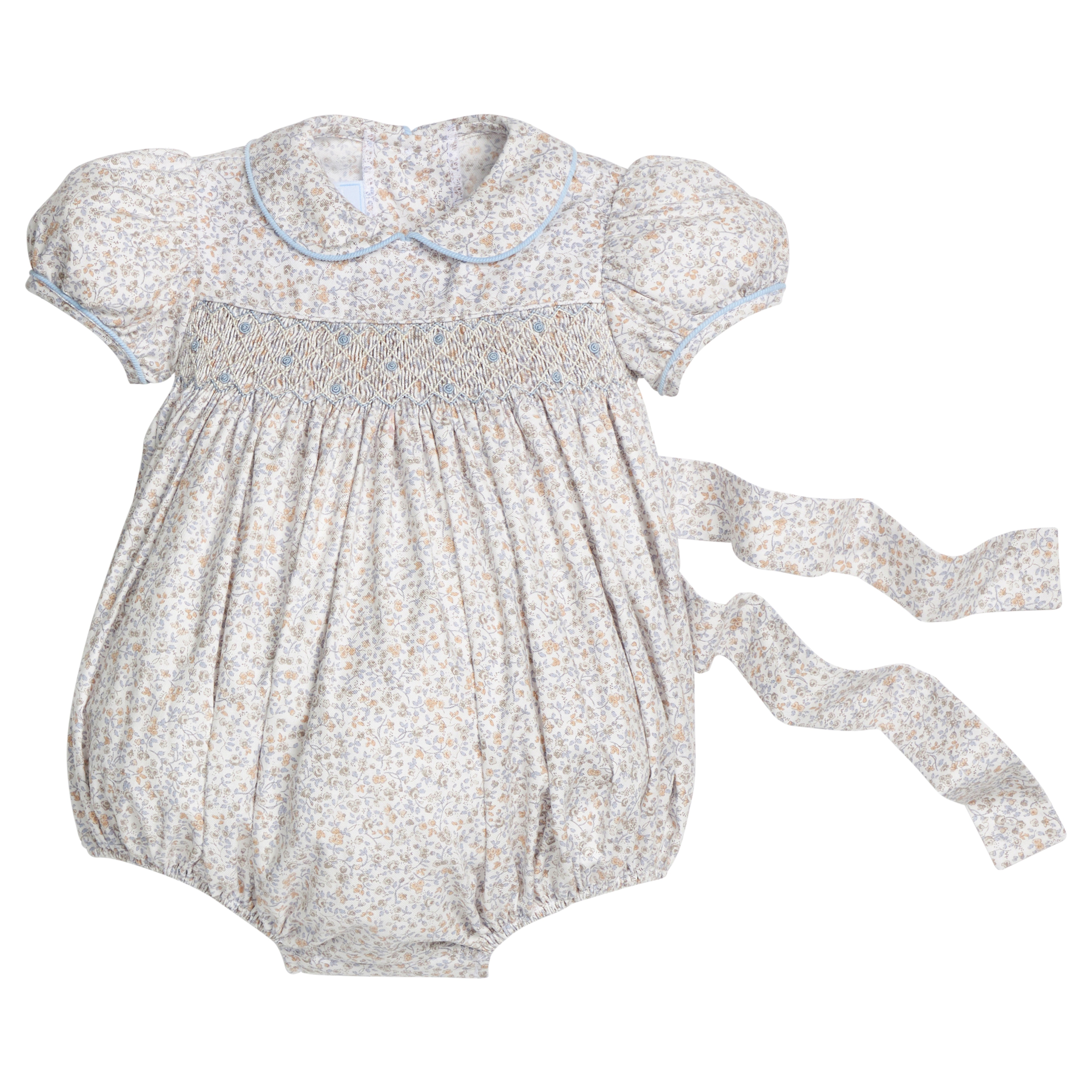 little english classic children's clothing baby girls light blue, cream, and light tan floral cap sleeve bubble with peter pan collar, chest smocking, and embroidery for fall 