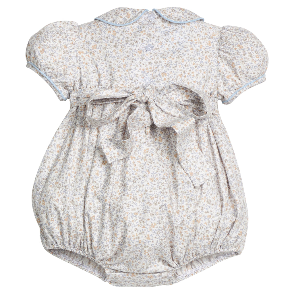 little english classic children's clothing baby girls light blue, cream, and light tan floral cap sleeve bubble with bow in back for fall 