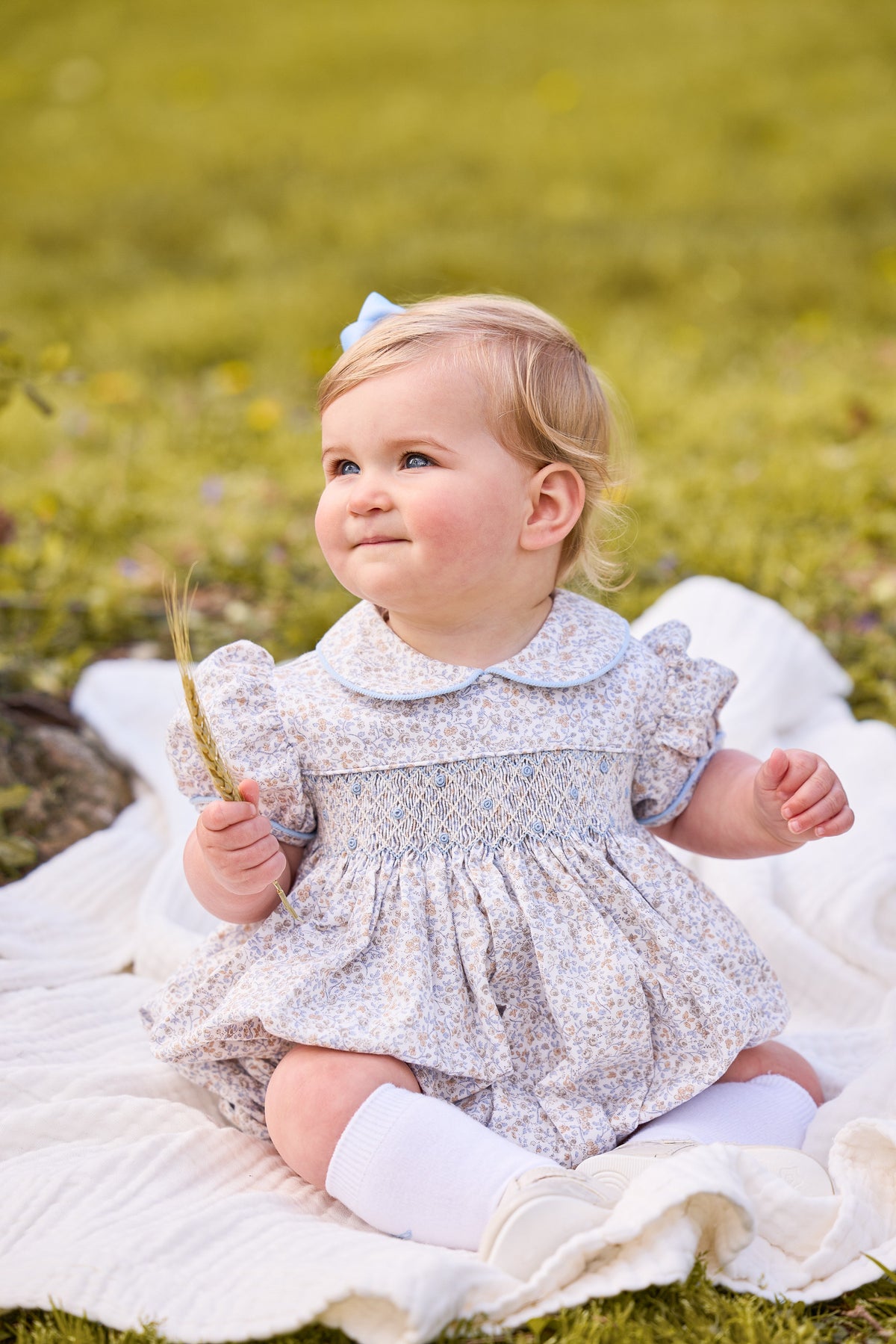 little english classic children's clothing baby girls light blue, cream, and light tan floral cap sleeve bubble with peter pan collar, chest smocking, and embroidery for fall 