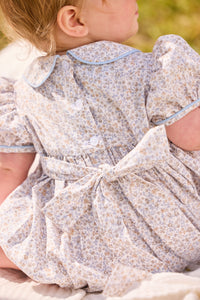 little english classic children's clothing baby girls light blue, cream, and light tan floral cap sleeve bubble with peter pan collar, chest smocking, and embroidery for fall 