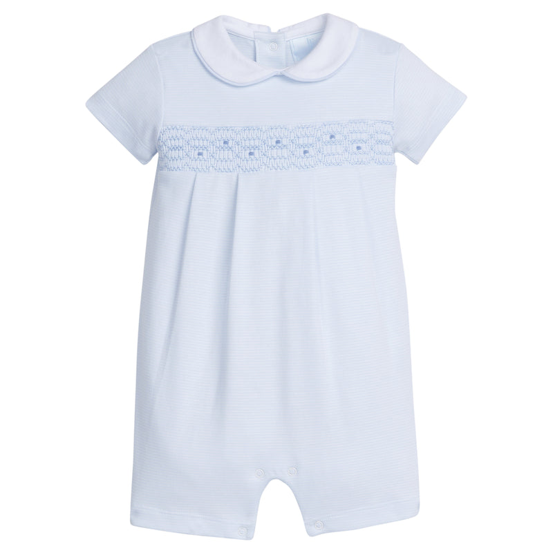 Little English traditional children's clothing.  Blue striped knit peter pan romper with blue smocking for baby boy for Spring