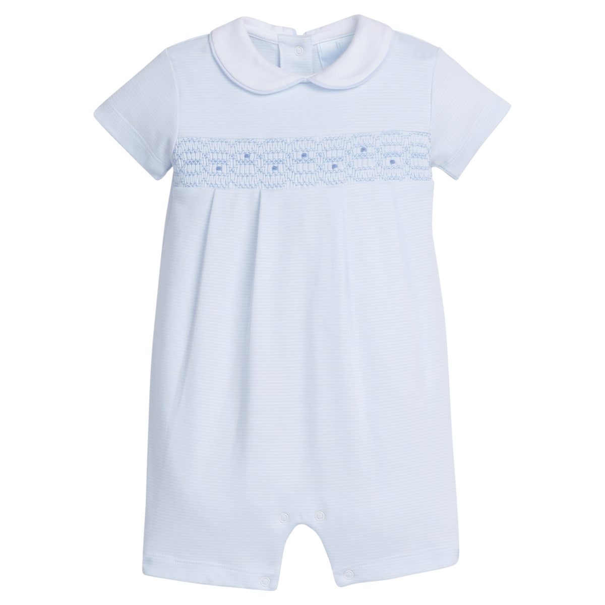Little English traditional children's clothing.  Blue striped knit peter pan romper with blue smocking for baby boy for Spring