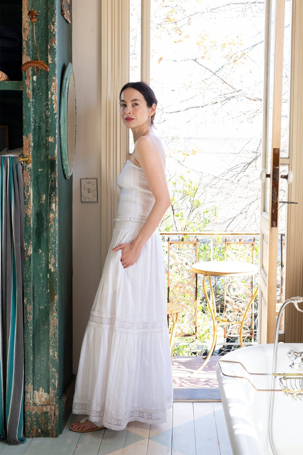 Flounce Smocked Waist Skirt in White Cotton Floral Lace