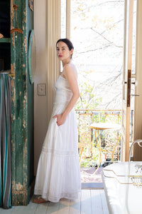 Flounce Smocked Waist Skirt in White Cotton Floral Lace
