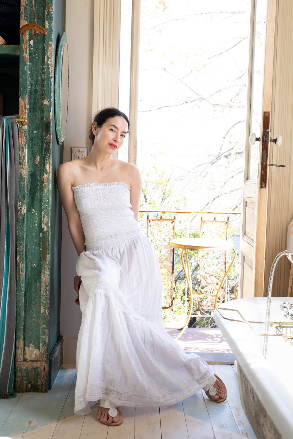 Flounce Smocked Waist Skirt in White Cotton Floral Lace