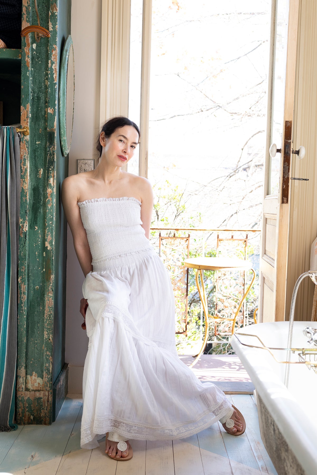 Flounce Smocked Waist Skirt in White Cotton Floral Lace