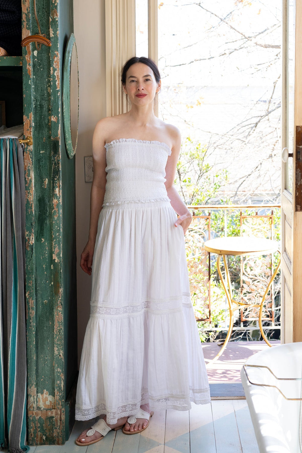 Flounce Smocked Waist Skirt in White Cotton Floral Lace