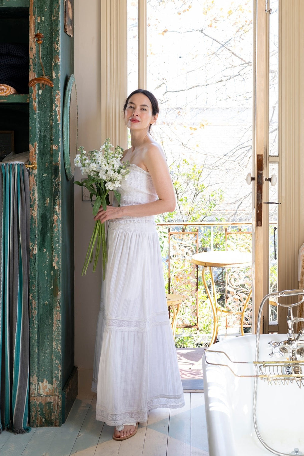 Flounce Smocked Waist Skirt in White Cotton Floral Lace