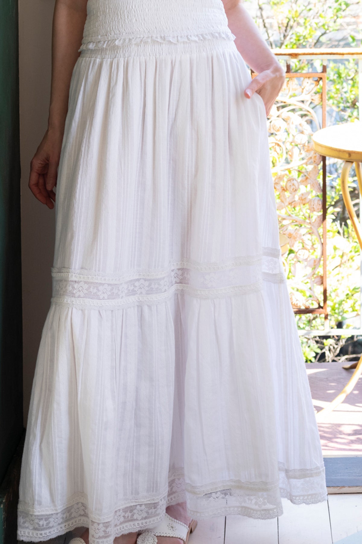 Flounce Smocked Waist Skirt in White Cotton Floral Lace