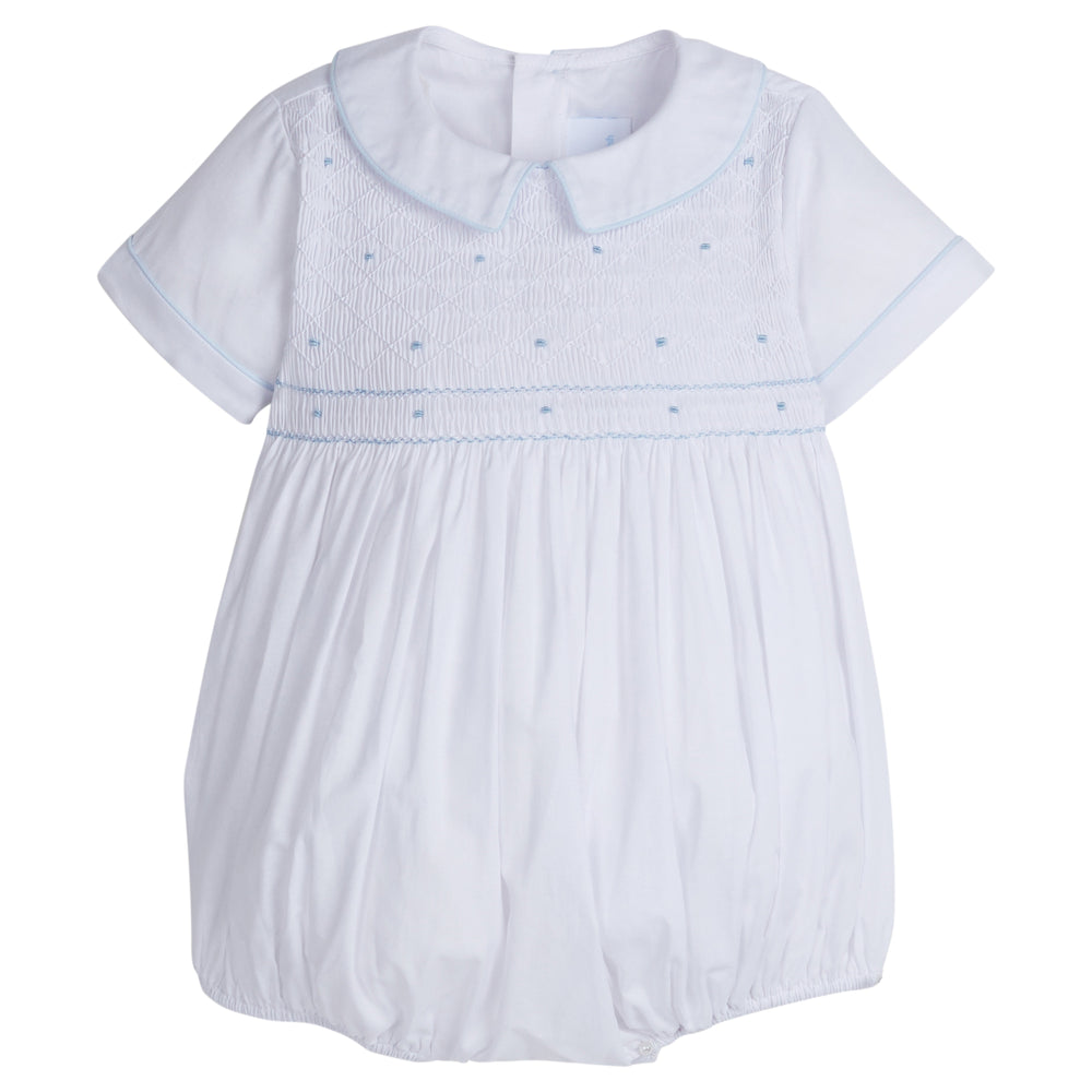 Little English traditional children's clothing.  Dressy white bubble with smocking and blue dot embroidery for baby boys for Spring.  Special occasion outfit for baby boy