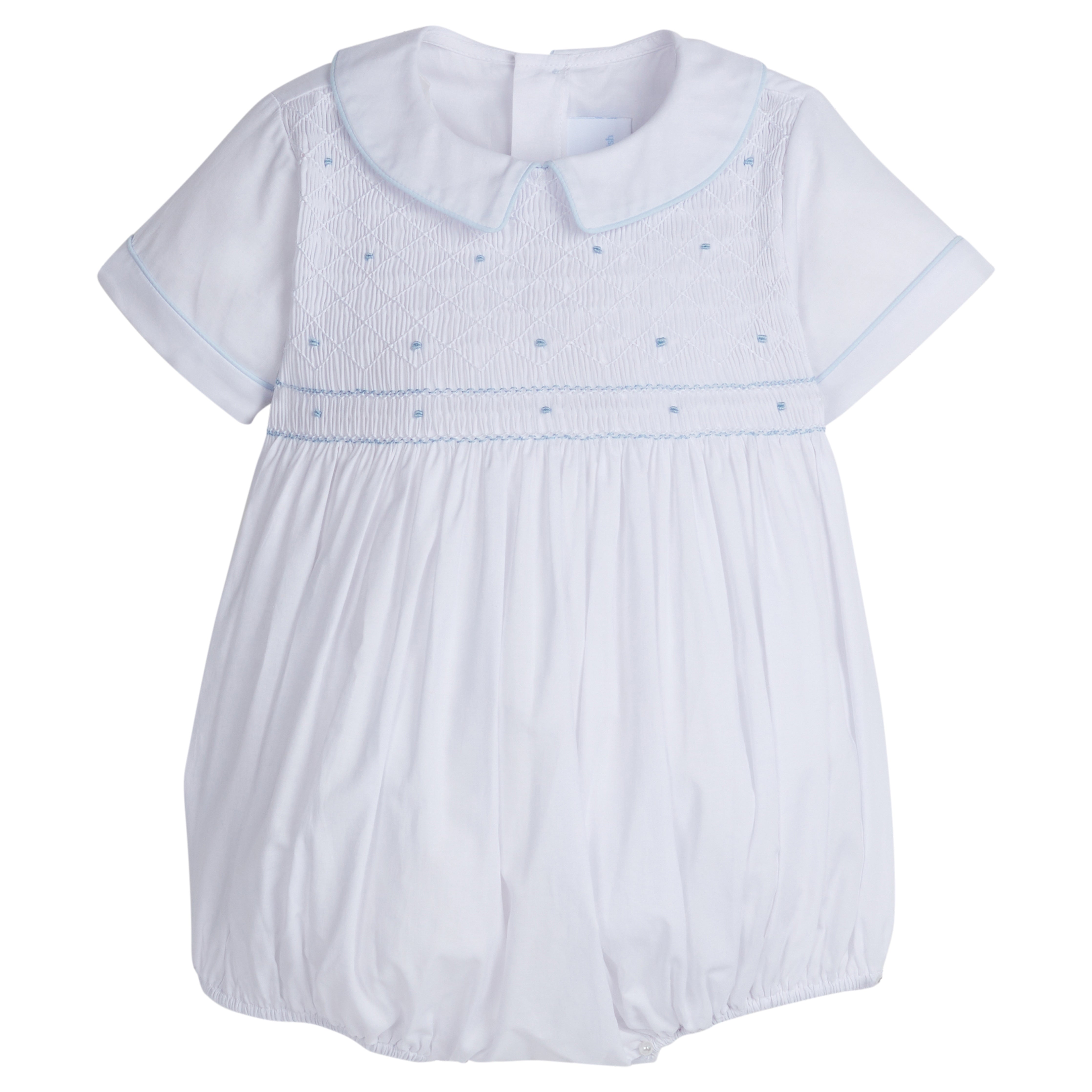 Little English traditional children's clothing.  Dressy white bubble with smocking and blue dot embroidery for baby boys for Spring.  Special occasion outfit for baby boy