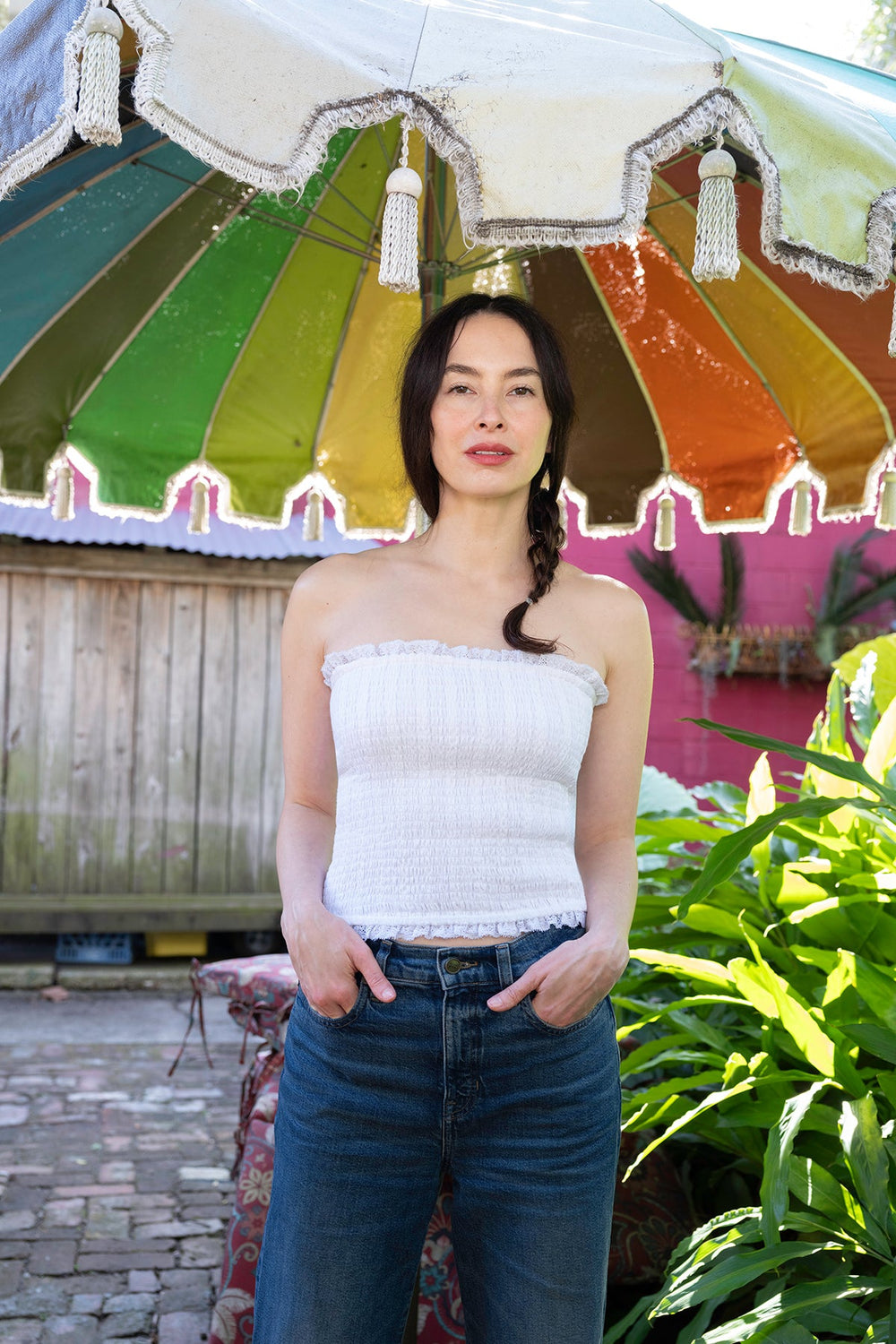 Strapless Bandeau Top in White Cotton Floral Lace