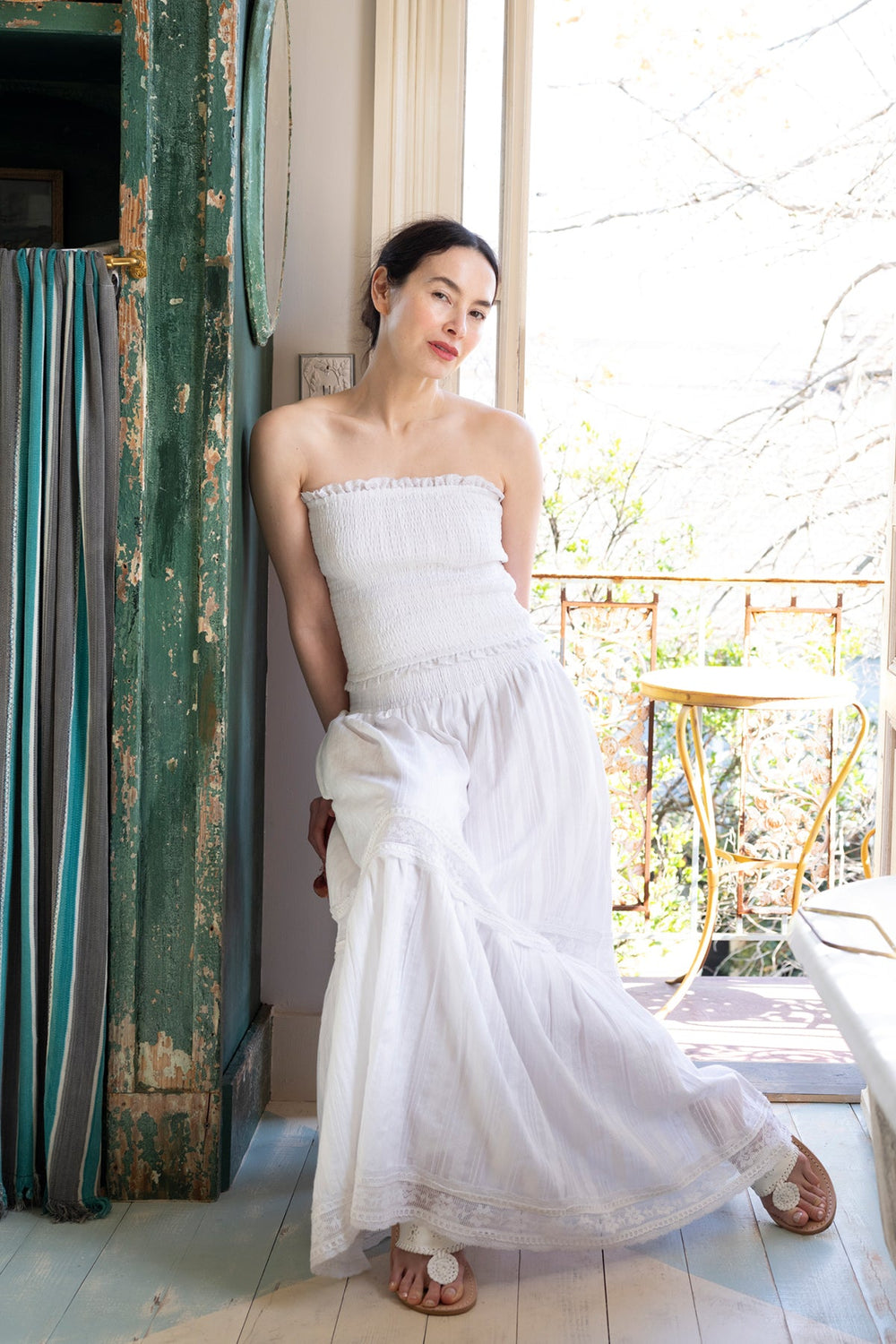Strapless Bandeau Top in White Cotton Floral Lace