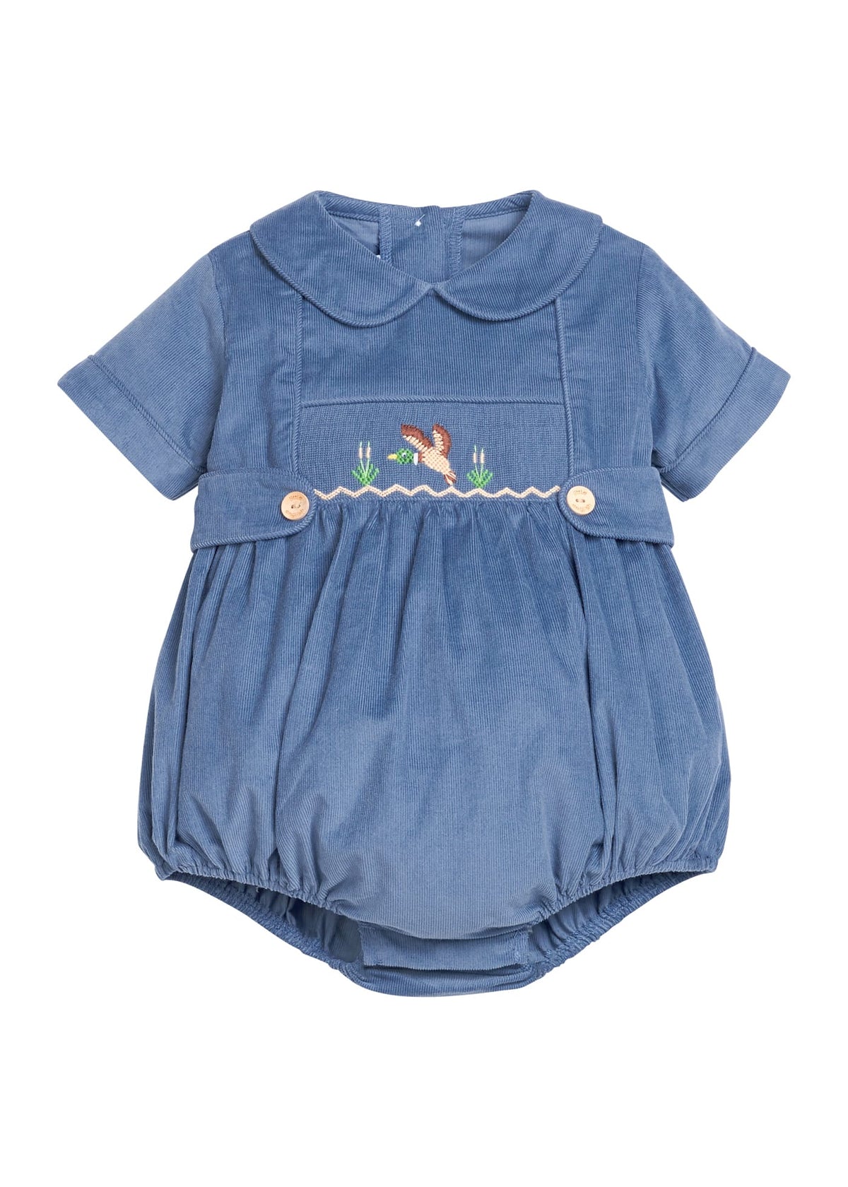 Little English classic children's clothing.  Baby boys stormy blue corduroy peter pan bubble with button tabs and flying mallard smocking across the chest.