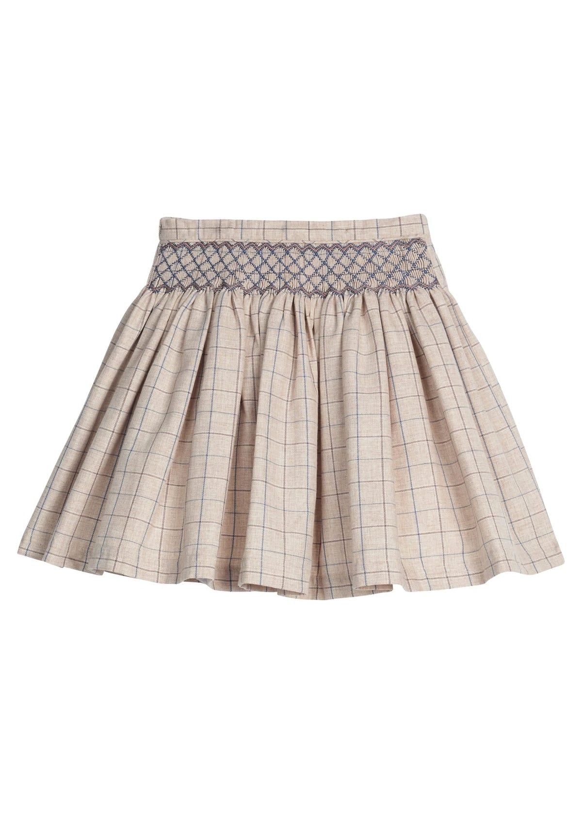 Little English traditional children's clothing. khaki and brown plaid skirt with  blue smocked waistband for girls