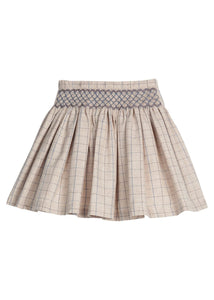 Little English traditional children's clothing. khaki and brown plaid skirt with  blue smocked waistband for girls