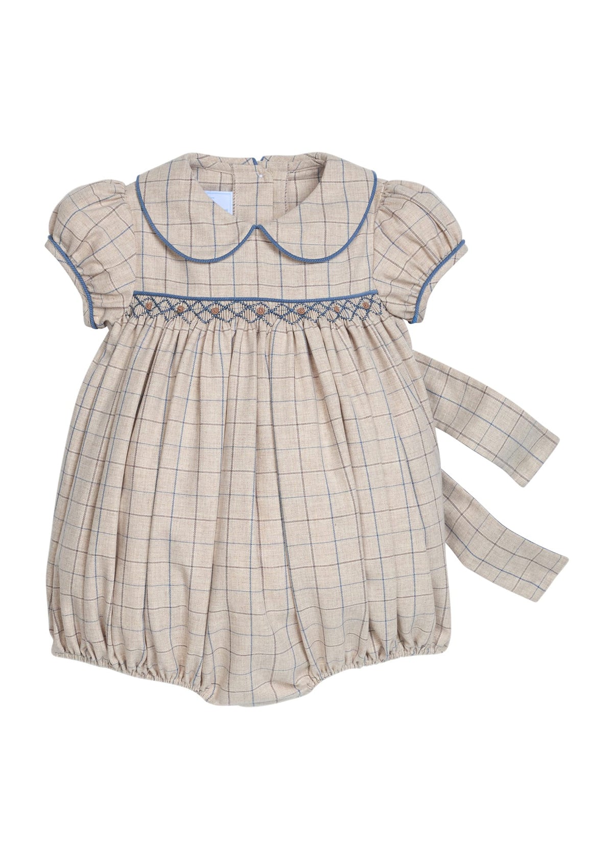 Little English classic children's clothing.  Smocked peter pan bubble in tan and blue Durham windowpane with puff sleeves and blue piping for baby girls