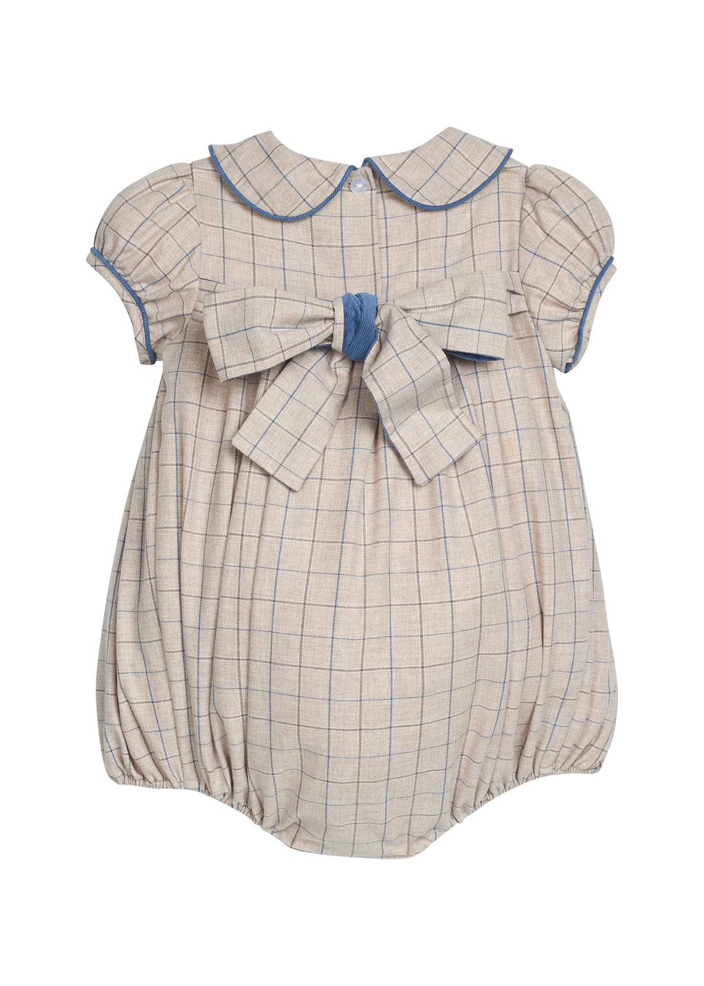 Little English classic children's clothing.  Smocked peter pan bubble in tan and blue Durham windowpane with puff sleeves and blue piping for baby girls