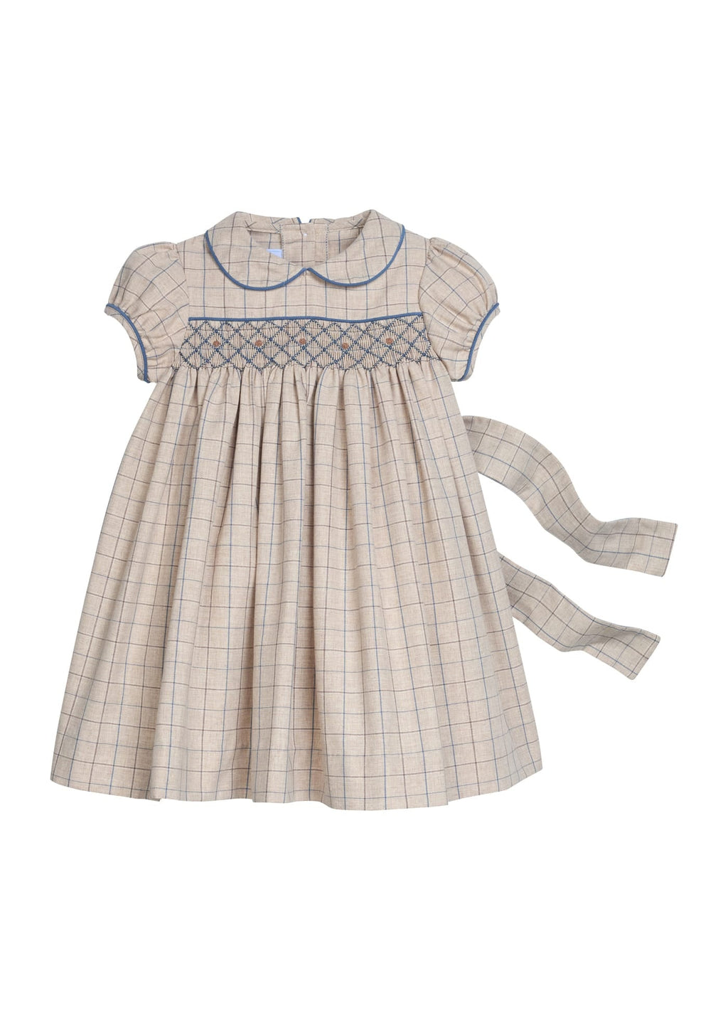 Little English traditional children's clothing.  Smocked peter pan dress in tan and blue Durham Windowpane with capped sleeves for toddler girls