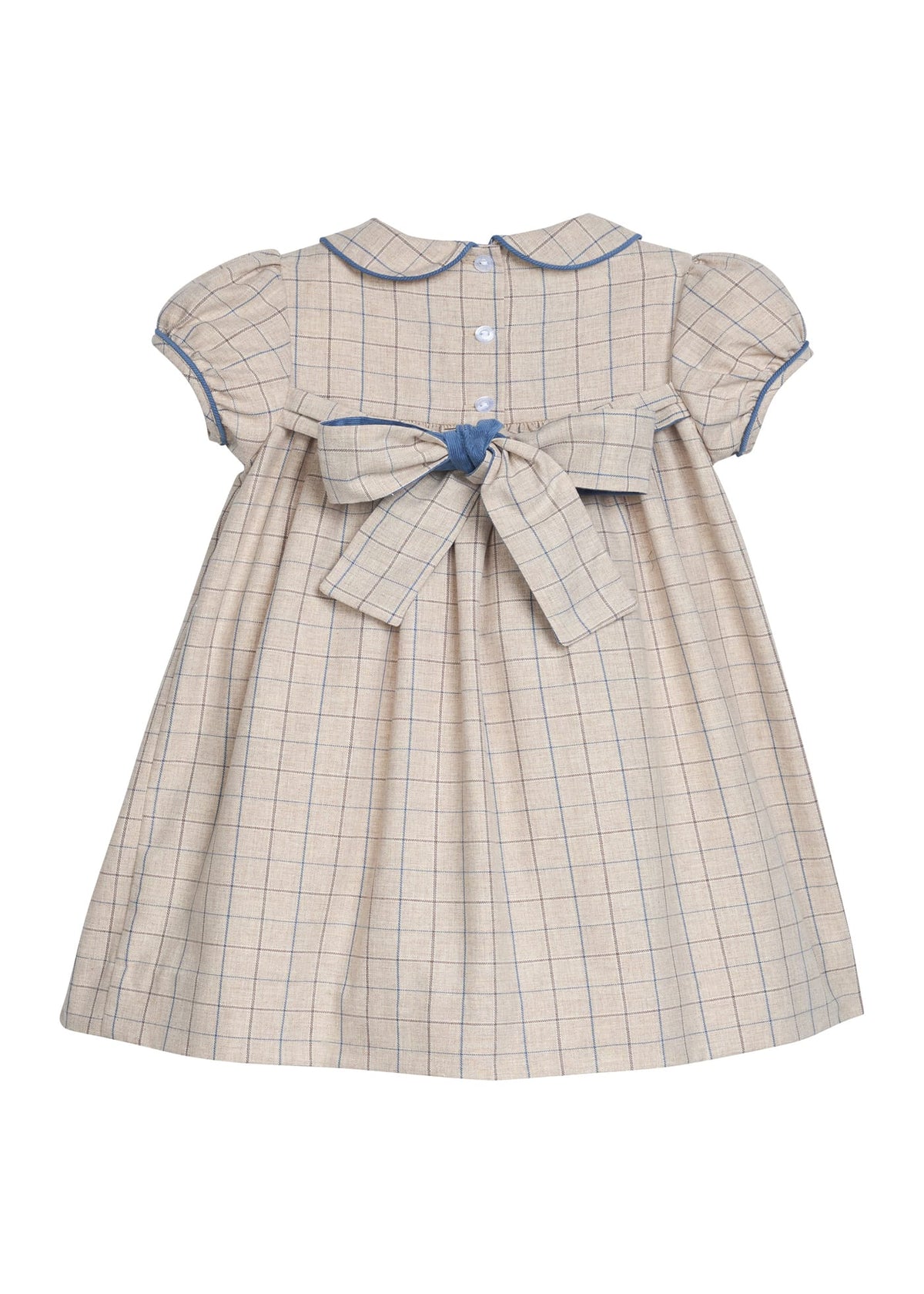 Little English traditional children's clothing.  Smocked peter pan dress in tan and blue Durham Windowpane with capped sleeves for toddler girls