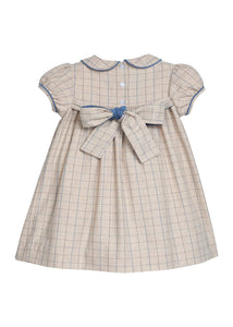 Little English traditional children's clothing.  Smocked peter pan dress in tan and blue Durham Windowpane with capped sleeves for toddler girls