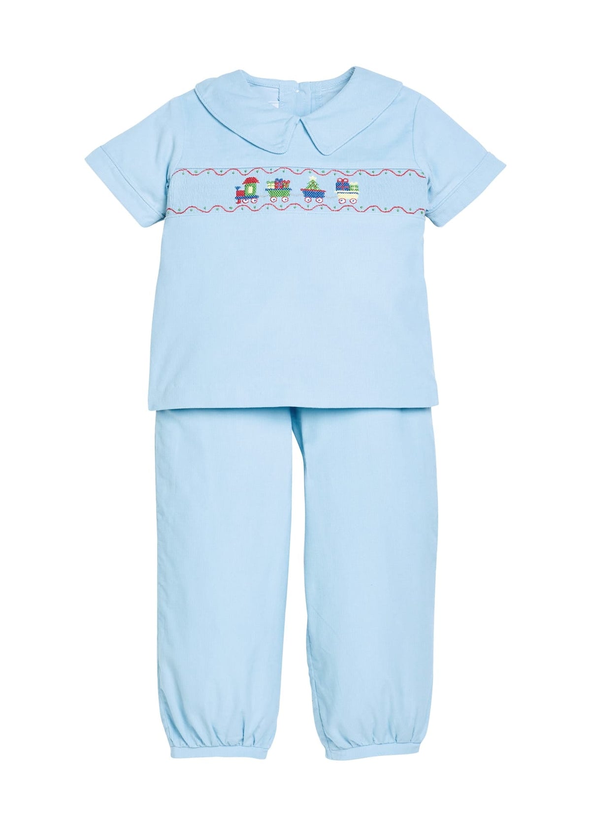 Little English traditional children's clothing. Boys blue corduroy set - banded pants paired with Eaton collar short sleeve top with holiday train smocking across the chest.