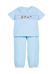 Little English traditional children's clothing. Boys blue corduroy set - banded pants paired with Eaton collar short sleeve top with holiday train smocking across the chest.