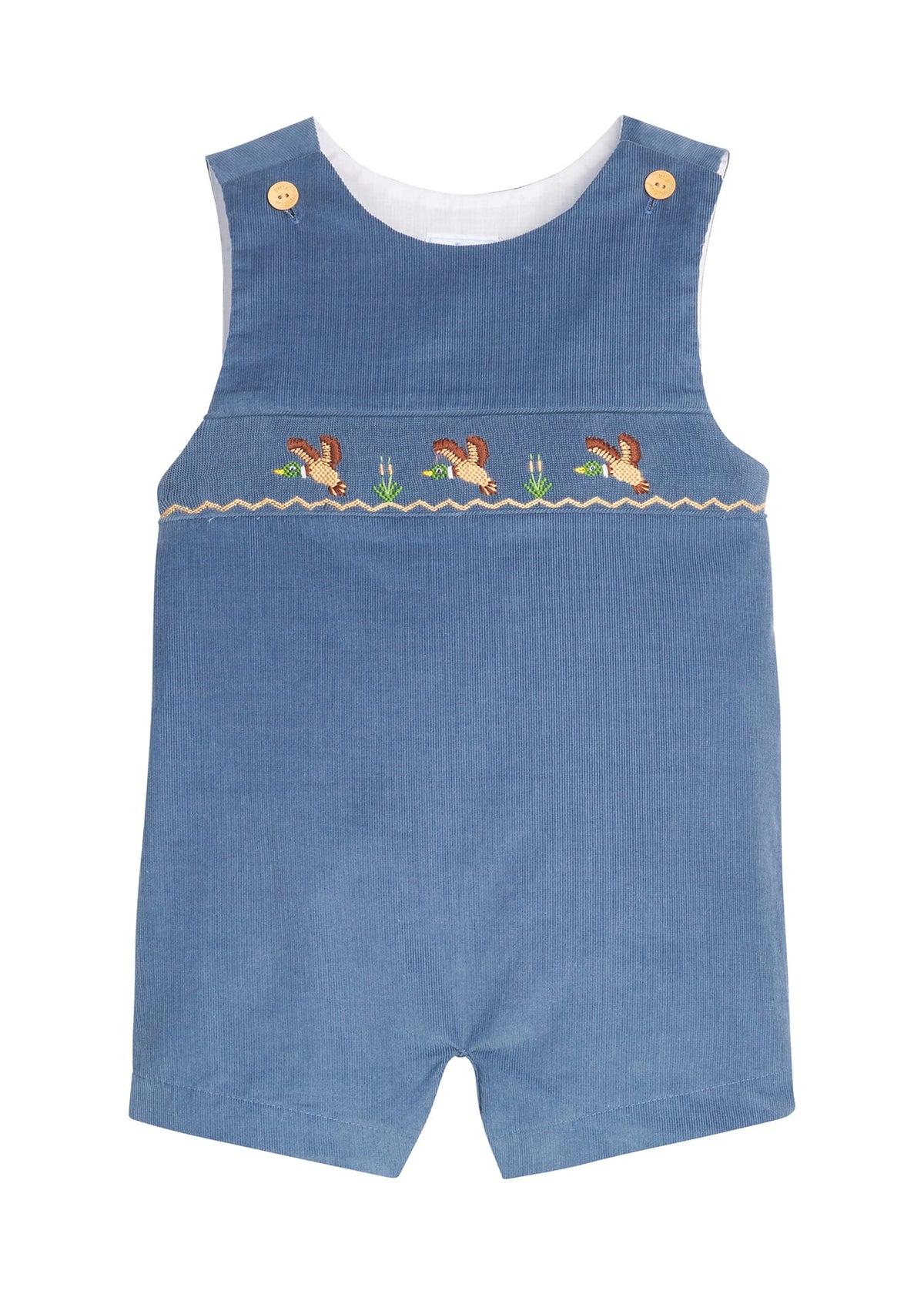 Little English traditional children's clothing for toddler boys, stormy blue corduroy john john with flying mallard smocking across chest. 