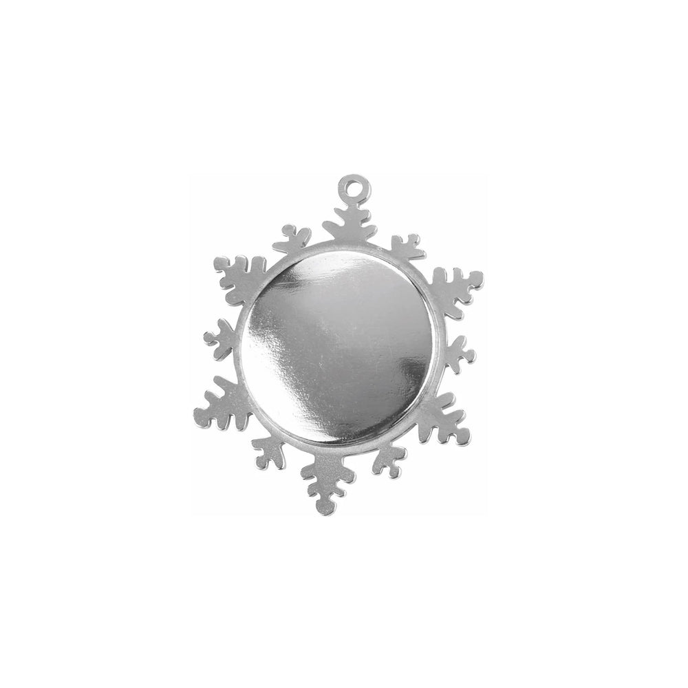 Front view of pewter snowflake ornament showcasing smooth round center and hanging loop on white background