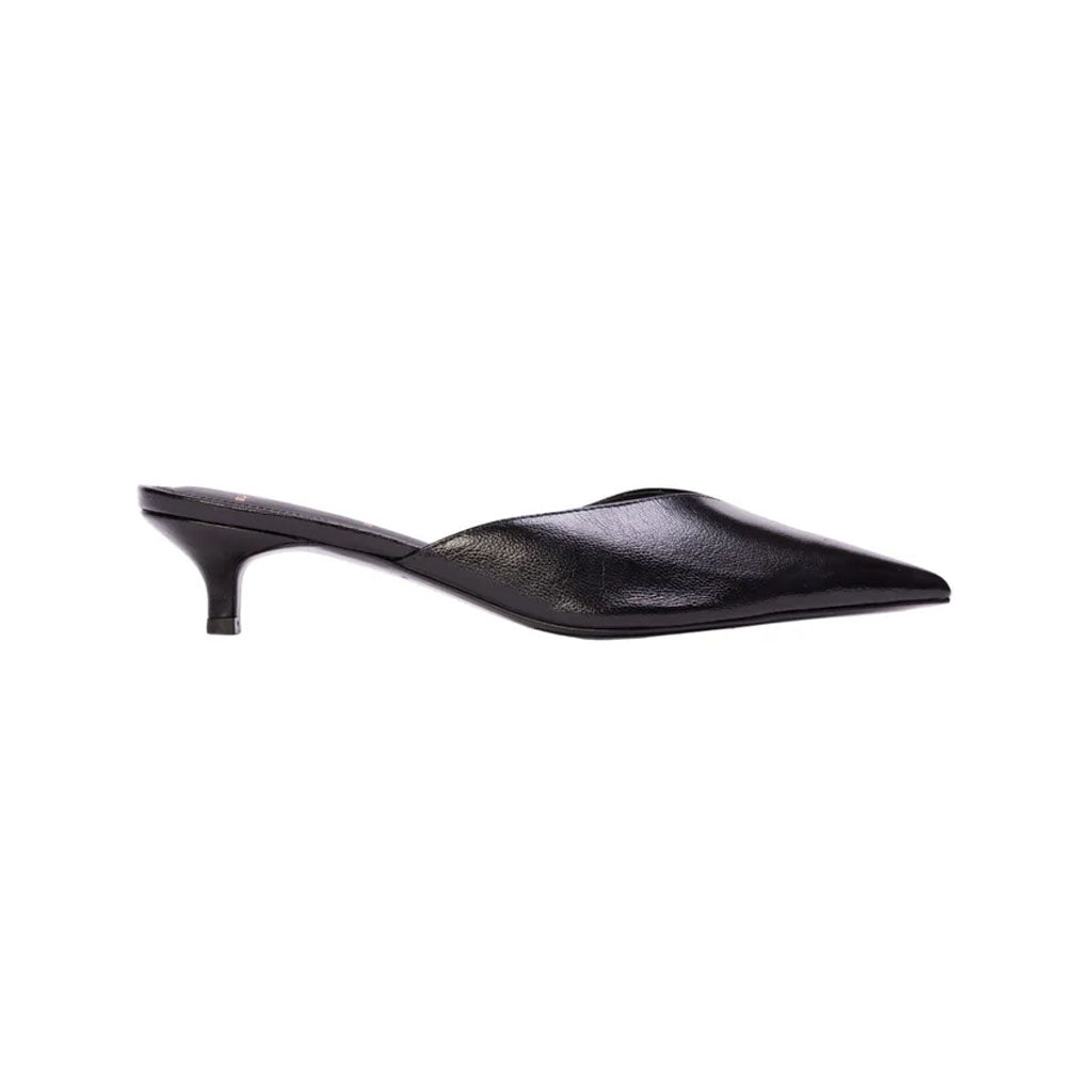 Side view of Sofia 35 in Black Leather showcasing its pointy toe and low cone kitten heel on a white background