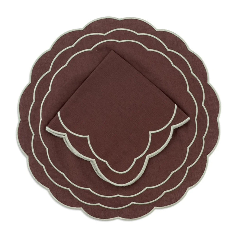 Sofia Linen Brown Napkin with Fern Green Embroidery