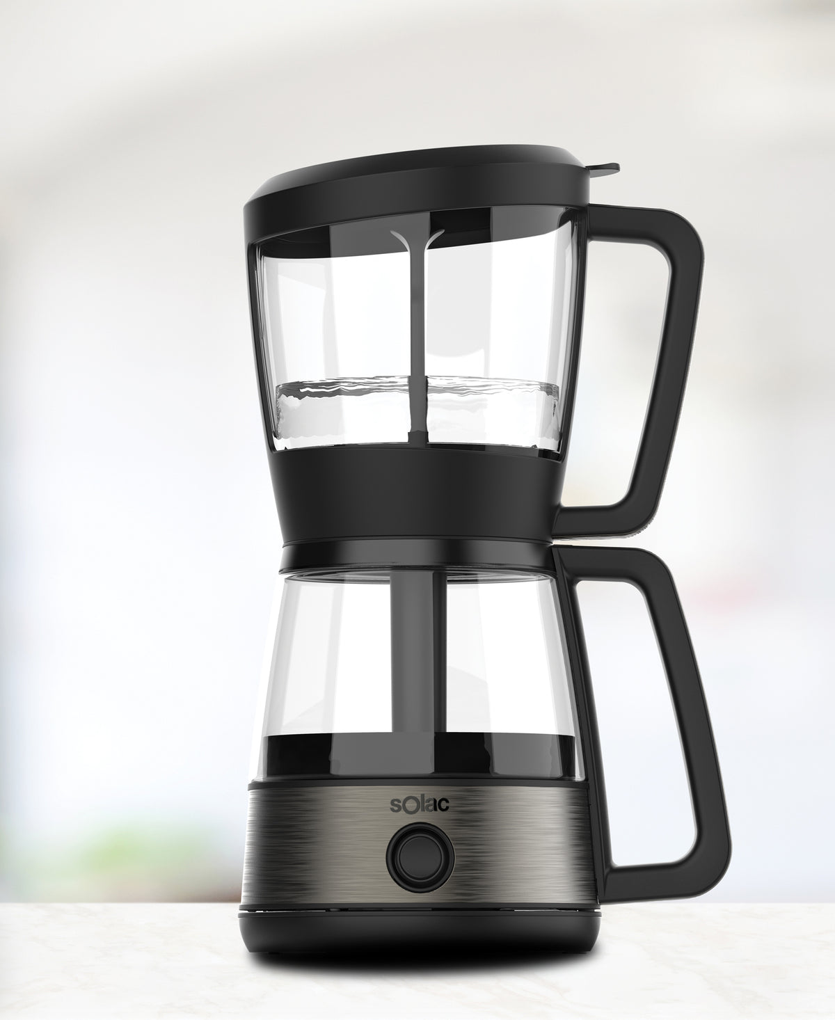 Front view of Siphon Brewer 3-In-1 Vacuum Coffee Maker showcasing glass chambers and black handles on white background