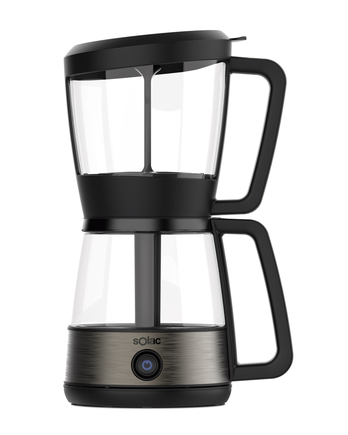 Front view of Siphon Brewer 3-In-1 Vacuum Coffee Maker with clear glass chambers and black handles on white background